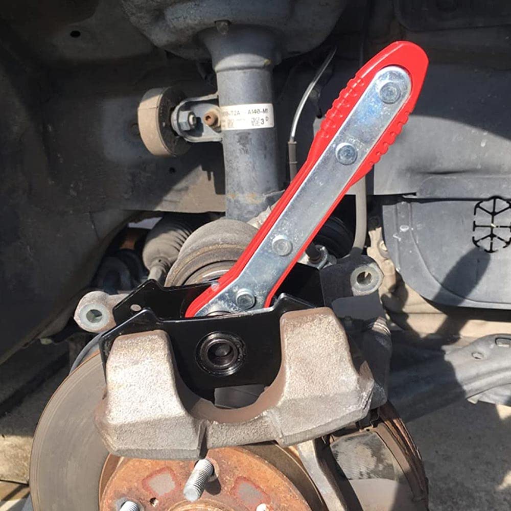 G-PLUS Brake Caliper Piston Press Tool 360° Ratcheting Caliper Spreader with 2 Steel Plate Adapters Single Twin Quad Piston Universal Fit for Cars Trucks Commercial Vehicles Red