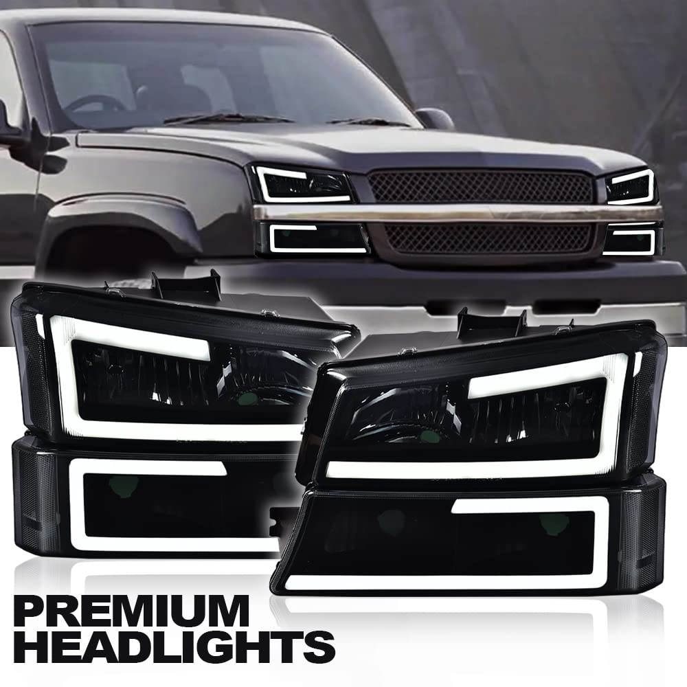 G-PLUS LED Headlights, Compatible with Chevy SIlverado/Avalanche 1500 2500 2003-2006 Left & Right Bumper Headlamps, Smoky Lens Black Housing Clear Reflector,faros delanteros