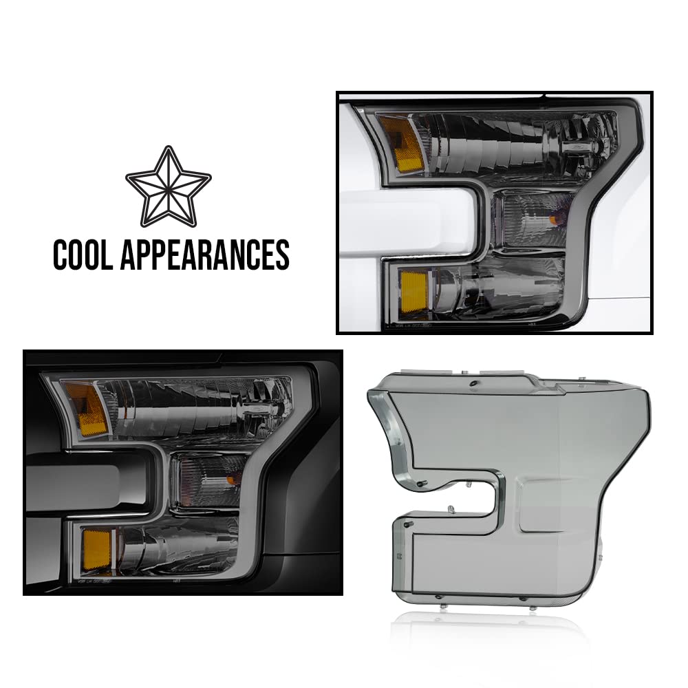 G-PLUS Headlights Headlamps Cover Left+Right Smoke Compatible with 2015-2017 Ford F150 FO2502335, FO2503335, FO2502344