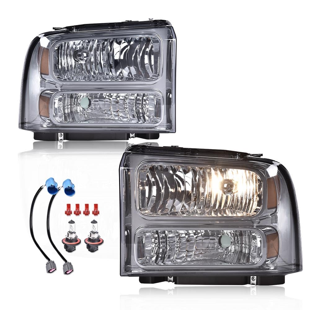 G-PLUS Headlights Assembly, Compatible with 99-04 Ford F250 F350 F450 F550 Super Duty/00-04 Ford Excursion Bumper Headlamps, Smoky Lens Chrome Housing Amber Reflector