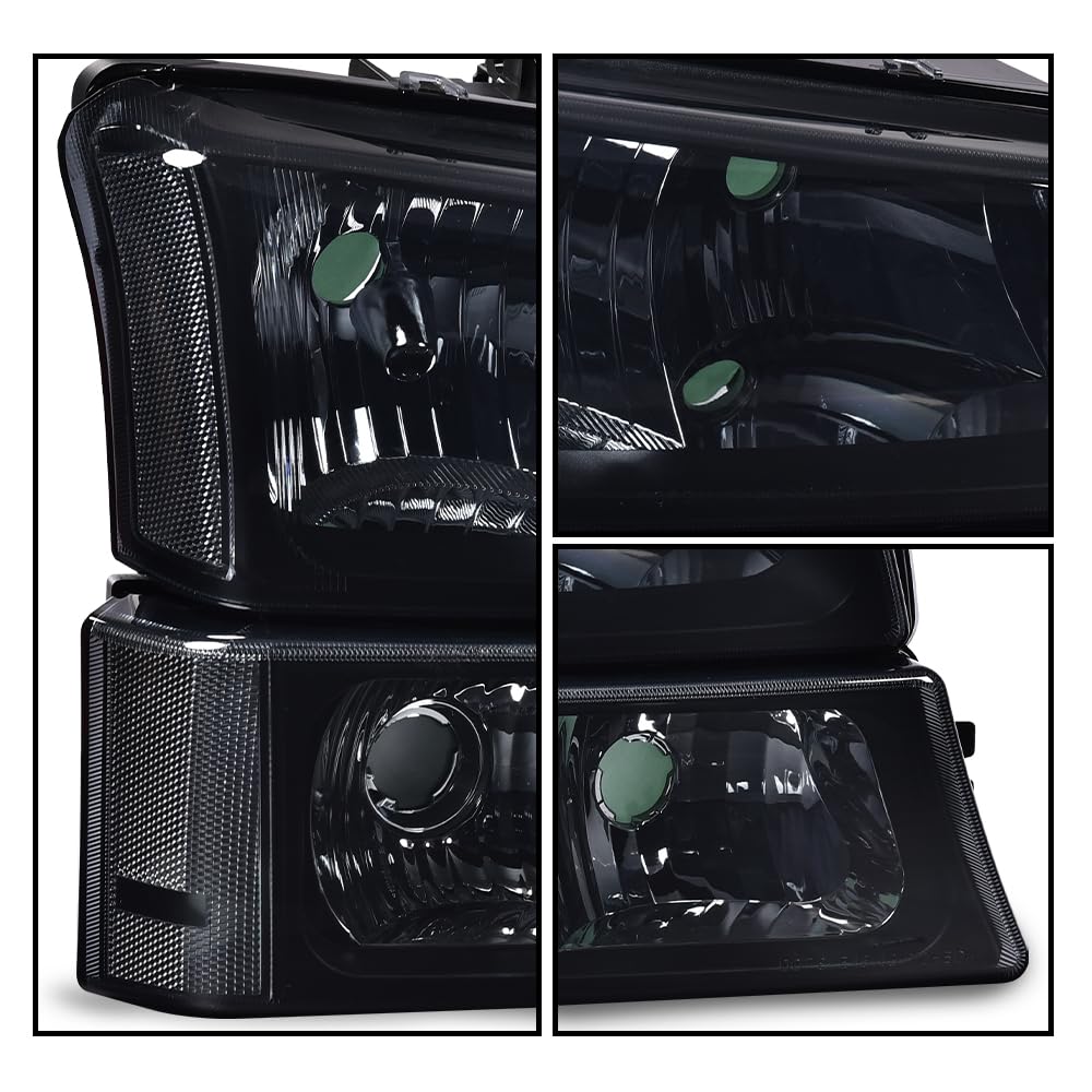 G-PLUS Headlights Assembly Compatible with Chevy Avalanche Silverado 1500 2500 HD 3500 2003-2006,Smoky Lens Black Housing Clear ReflectorBumper Headlamps,faros delanteros