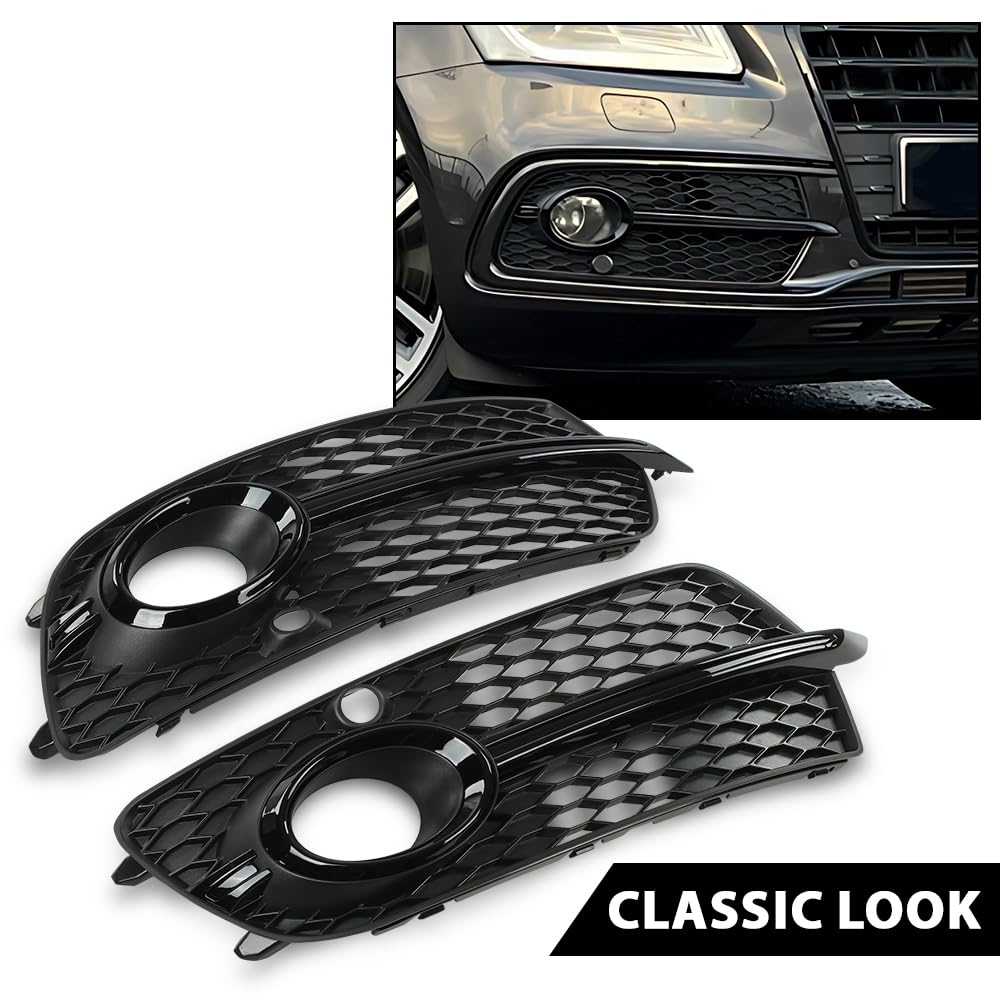 G-PLUS Front Bumper Fog Light Grill Grille Cover Painted with Silver Ring Compatible with Audi SQ5 2013-2017/Fit Audi Q5 S-Line 2013-2017 8R0807681M, 8R0807682J