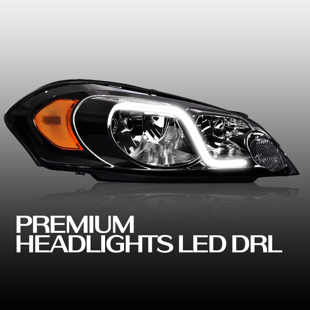 G-PLUS LED DRL Headlights Assembly W/o Bulbs, Fit 2006-2007 Chevy Monte Carlo/2006-2013 Chevy Impala/2014-2016 Impala Limited Headlamps, Smoky Lens Chrome Housing Amber Reflector,faros delanteros