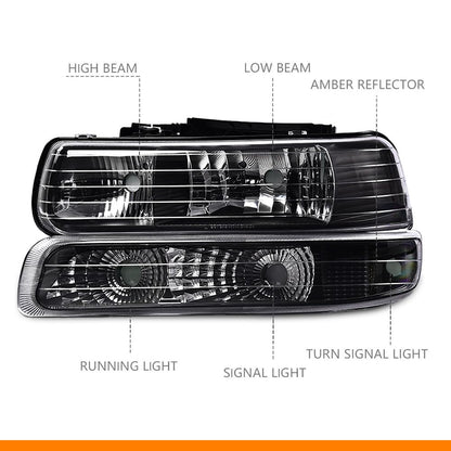 G-PLUS Headlight Assembly & LED 3rd Third Brake Light Compatible with Chevy Silverado GMC Sierra 1500 2500HD 3500 1999-2006 Chrome Housing Red & Clear Lens Black Housing Clear Reflector