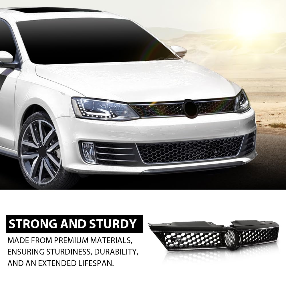 G-PLUS Front Upper Grille Grill Trim Gloss Black Honeycomb W/Chrome Trim Compatible with Volkswagen VW Jetta 2010-2014 5C6853653A