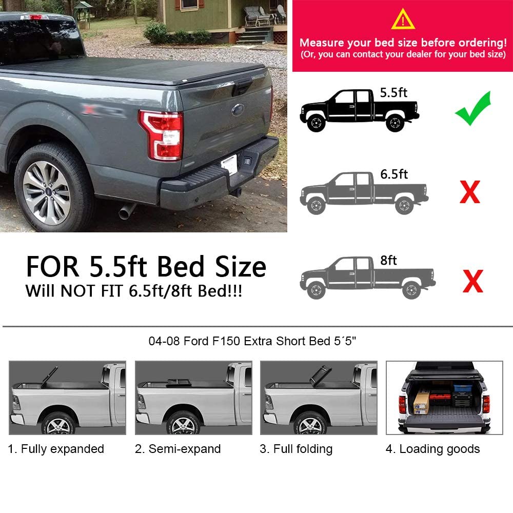 G-PLUS Four Fold Retractable Soft Quad Fold Tonneau Cover Compatible with Ford F150 2004-2008 (Excl. 2004 Heritage)/Compatible with Lincoln Mark LT 2005-2008 | Styleside 5.5' 5.5ft Bed