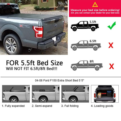 G-PLUS Four Fold Retractable Soft Quad Fold Tonneau Cover Compatible with Ford F150 2004-2008 (Excl. 2004 Heritage)/Compatible with Lincoln Mark LT 2005-2008 | Styleside 5.5' 5.5ft Bed