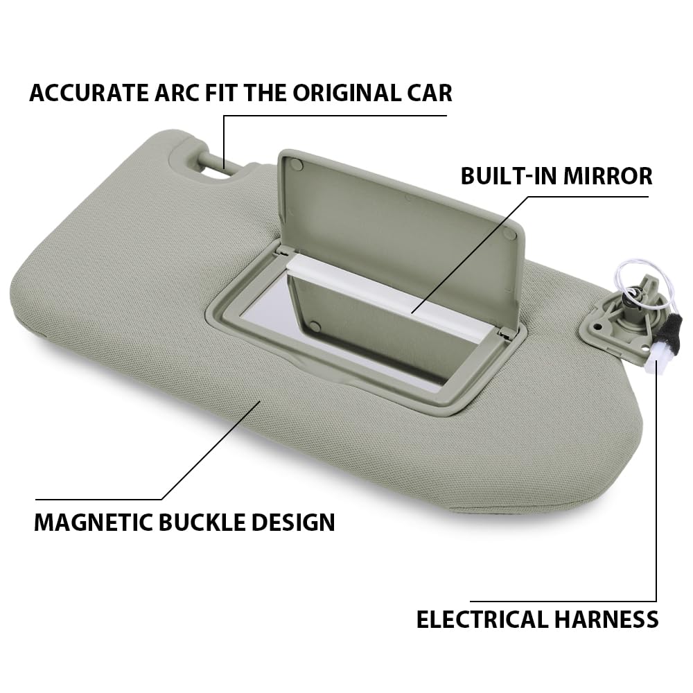 G-PLUS Gray Right Side Sun Visor with with Lights and Mirror Compatible with 2013-2018 Nissan Pathfinder (Platinum, SL, SV)/ 2014-2017 Infiniti QX60 96400-9PB0A