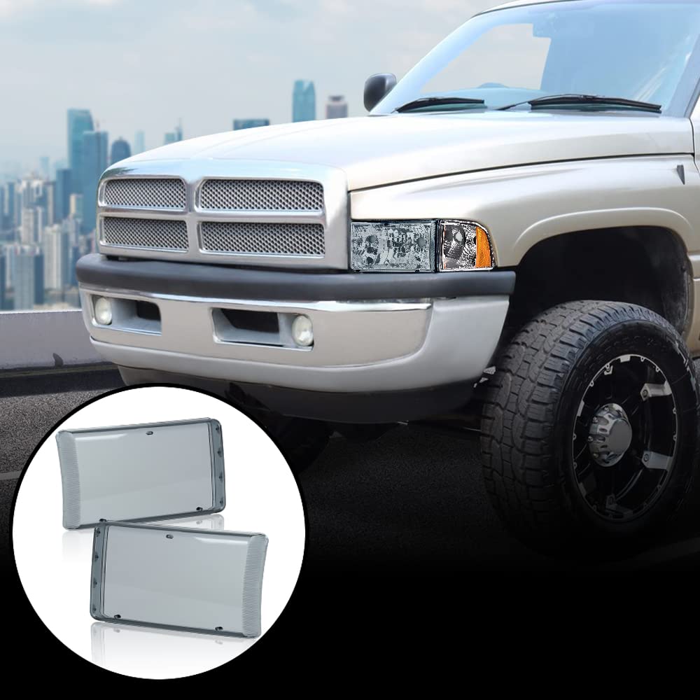 G-PLUS Housing Clear Corner Headlight Compatible with Dodge Ram 1500 2500 3500 1994-2001 55076749AD 55076748AD 55076749AO 55076748AO Lamps Smoky