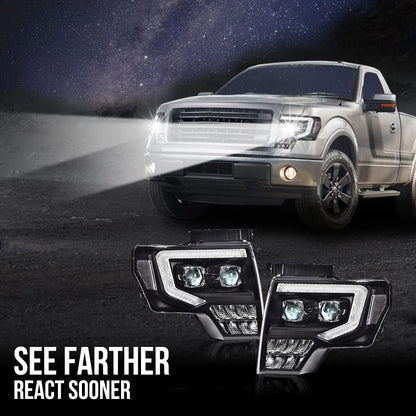 G-PLUS Headlights Assembly, Compatible with 2009-2014 Ford F150(Only Fit LED Style,NOt Fit without LED Style) Bumper Headlamps,Clear Lens Black Housing Clear Reflector,faros delanteros