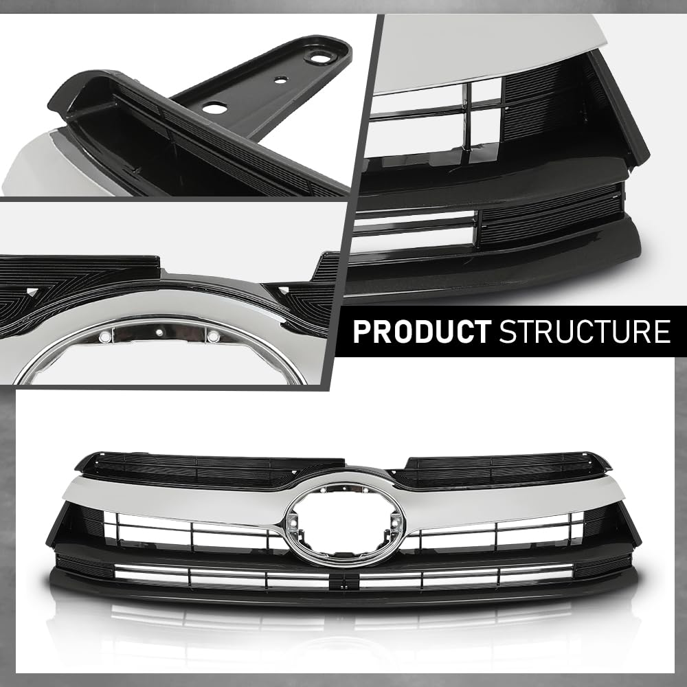 G-PLUS Grille Assembly Compatible with Toyota Highlander (submodel: Hybrid LE, Hybrid Limited, Hybrid XLE, LE, LE Plus, Limited, XLE) 2014-2016 Chrome Grill Insert Black 531010E170, TO1200371