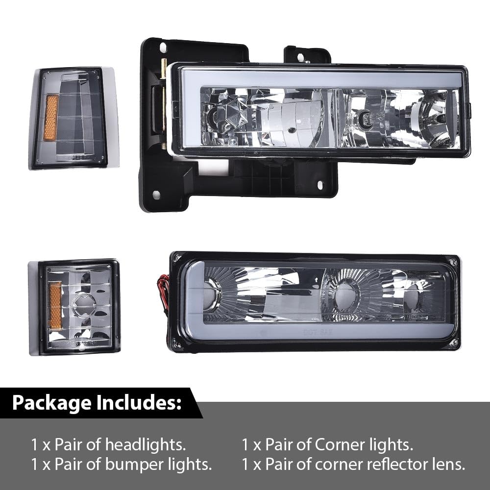 G-PLUS LED Headlights Assembly w/Bulbs Fit GMC C1500 K1500 Yukon 1994-1999, Fit GMC C2500 C3500 K2500 K3500 1994-2000, Left & Right Headlamps Assembly, Smoky Lens Chrome Housing Amber Reflector