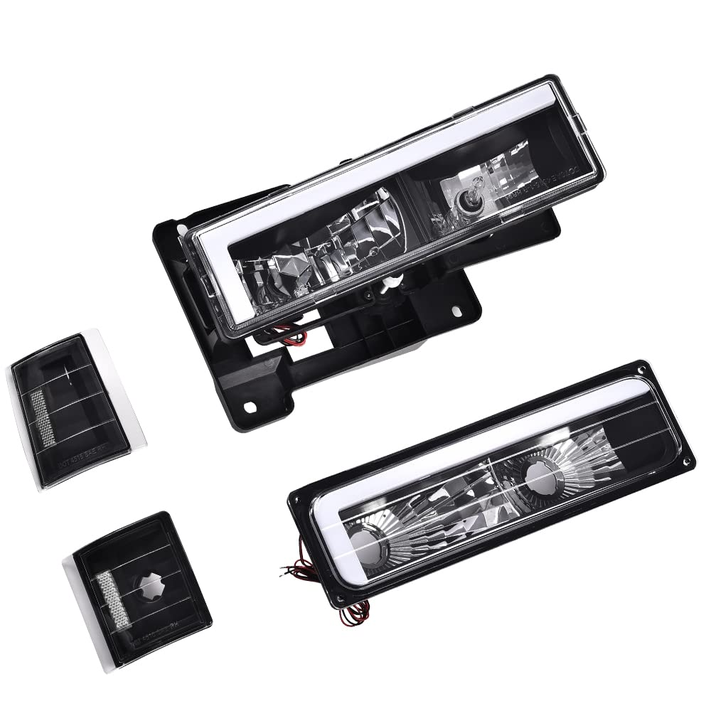 G-PLUS LED DRL headlights, Compatible with 1994 1995 1996 1997 1998 1999 2000 GMC C10 C/K C1500 bumper Headlamp, Clear lens Black Housing Clear Reflector
