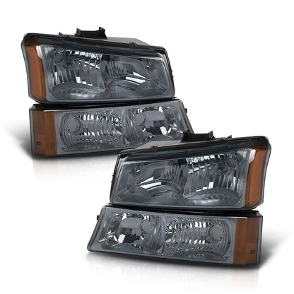 G-PLUS Headlights Assembly, Compatible with 2003 2004 2005 2006 Chevy Avalanche 1500 2500 Bumper Headlamps, Smoky Lens Chrome Housing Amber Reflector,faros delanteros