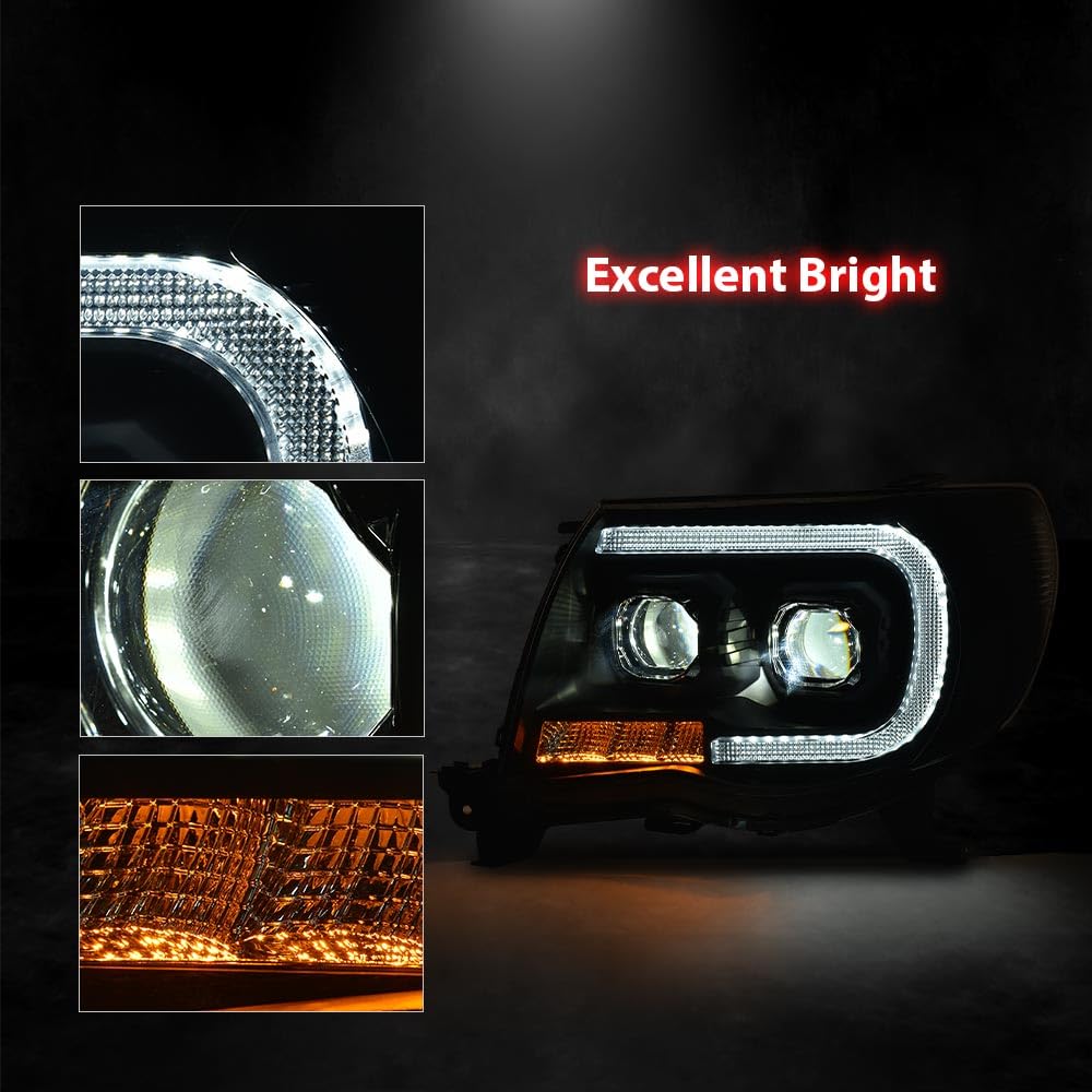G-PLUS LED Tube Projector Headlights Headlamps W/o Bulbs Compatible with Toyota Tacoma 2005-2011 Clear Lens Black Housing Clear Reflector Driver & Passenger Side,faros delanteros