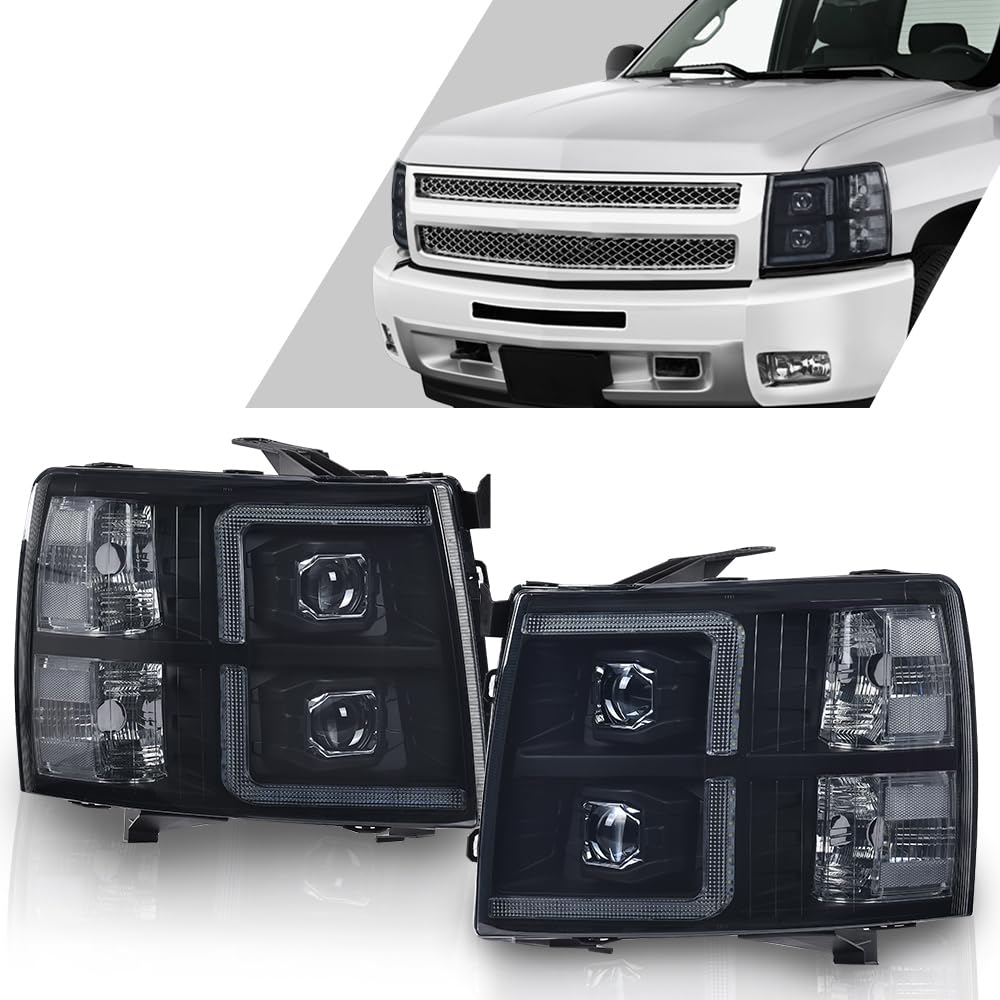 G-PLUS LED Tube Dual Projector Headlights,Fit Chevy Silverado 1500 2007-2013/Fit Chevy Silverado 2500 3500 & HD 2007-2014,Pair Headlamps faros delanteros,Smoke Lens Black Housing Clear Reflector