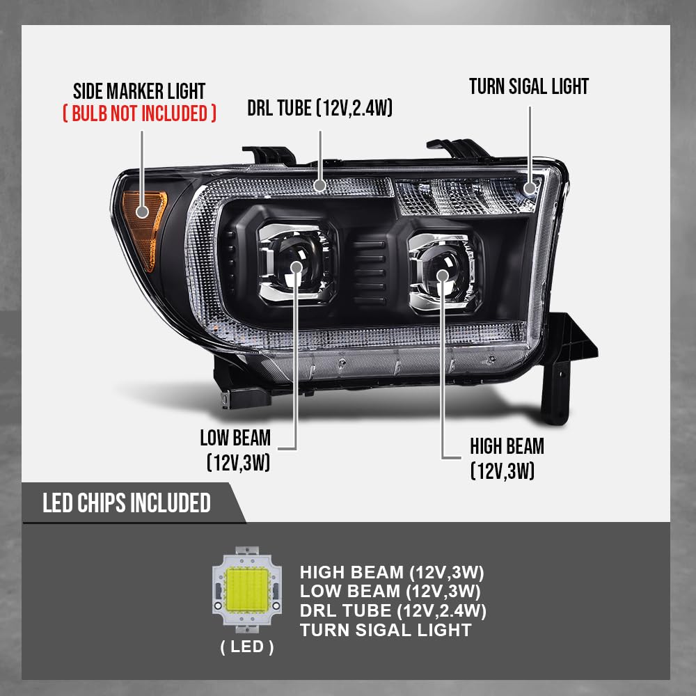 G-PLUS LED Tube Projector Headlights Assembly Compatible with Toyota Tundra 2007-2013, Fit Toyota Sequoia 2008-2017 Left & Right Headlamps, Clear Lens Chrome Housing Amber Reflector, TO2502171