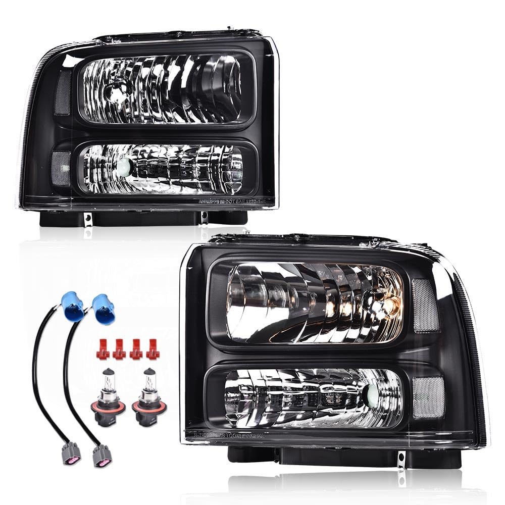 G-PLUS Headlights Assembly Compatible with Ford F250 F350 F450 F550 Super Duty 1999-2004, Fit Ford Excursion 2000-2004 Left & Right Headlamps Assembly, Clear Lens Black Housing Clear Reflector