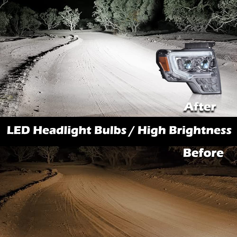 G-PLUS LED Tube Dual Projector Headlights Assembly, Fit for 2009-2014 Ford F150(Only Fit LED) Bumper Headlamps Smoky Lens Chrome Housing Amber Reflector,faros delanteros