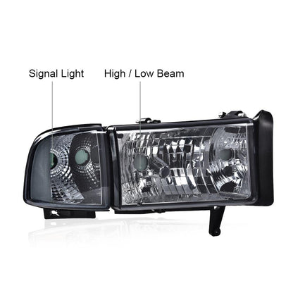 G-PLUS Headlights Fit Dodge Ram 1500 1994-2001/Fit Dodge Ram 2500 3500 1994-2002,Not fit Ram Sport,Headlamps w/o Bulbs Smoky Lens Chrome Housing Clear Reflector,faros delanteros Assembly