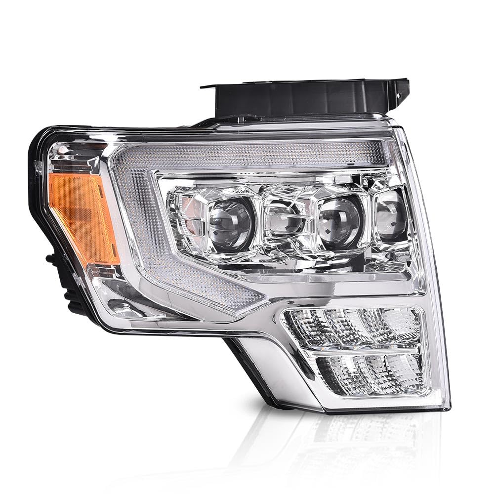 G-PLUS LED Left + Right Side Tube Dual Projector Headlights & Tail Lights Compatible with 2009-2014 Ford F150 (Clear Lens Chrome Housing Headlights + Tail Lights)