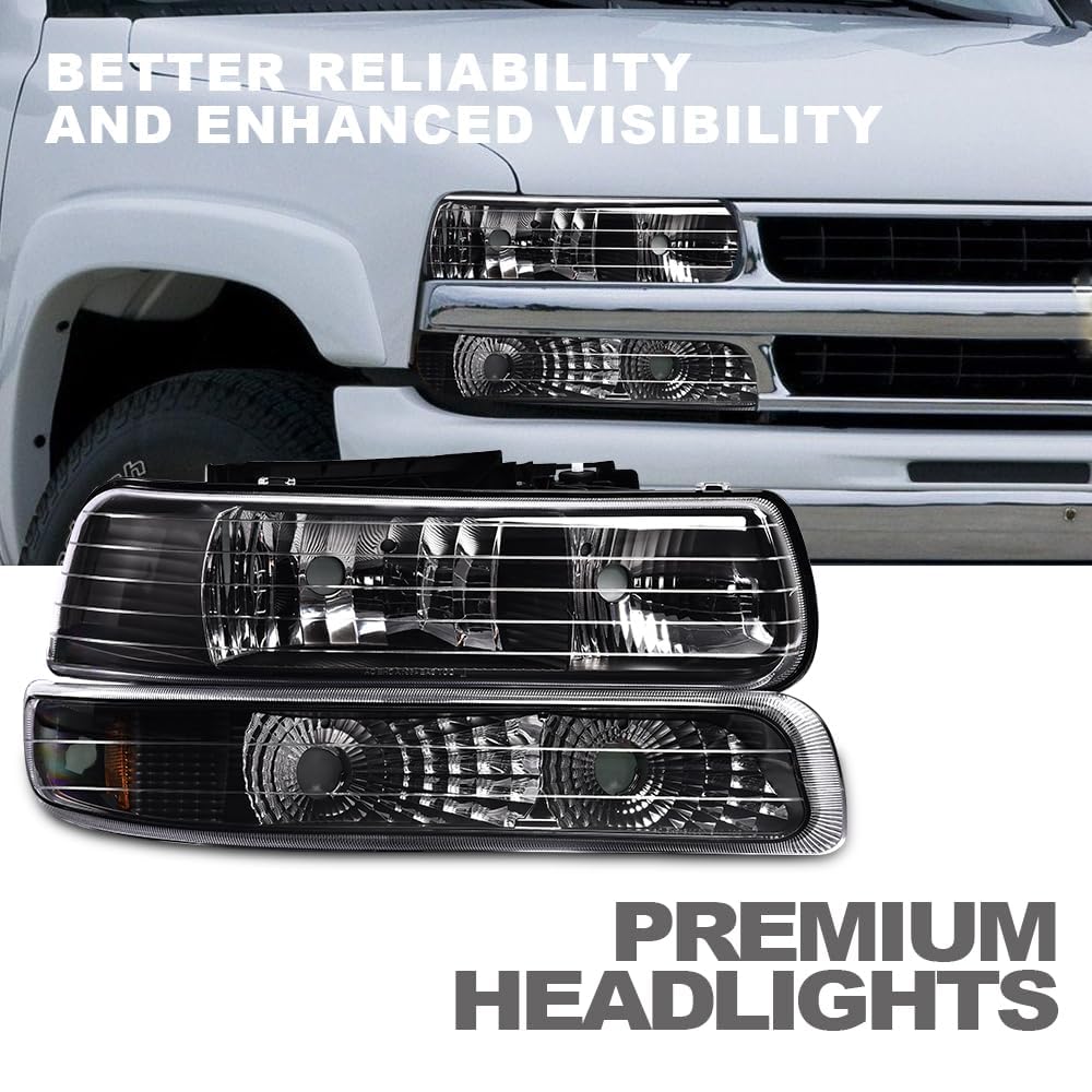 G-PLUS Headlights Assembly, Compatible with Chevy Silverado 1999 2000 2001 2002/Fit Suburban Tahoe 2000-2006 Bumper Headlamps, Clear Lens Black Housing Amber Reflector Left & Right,faros delanteros