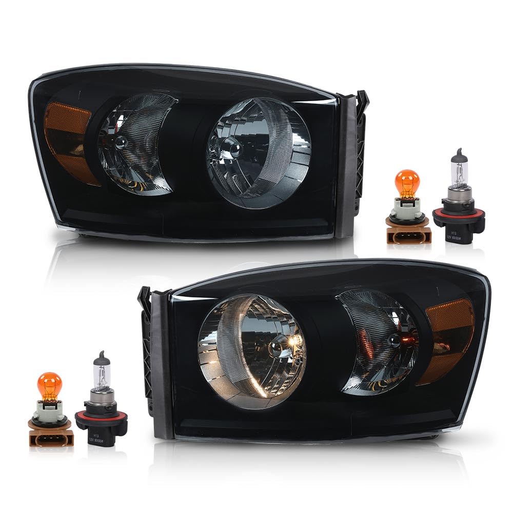 G-PLUS Headlights Assembly Left and Right Side Compatible with Dodge Ram 1500 2006-2008/Fit Dodge Ram 2500 3500 2006-2009 Smoke Lens Black Housing Amber Reflector 68003125AD 68003124AD