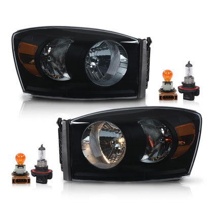 G-PLUS Headlights Assembly Left and Right Side Compatible with Dodge Ram 1500 2006-2008/Fit Dodge Ram 2500 3500 2006-2009 Smoke Lens Black Housing Amber Reflector 68003125AD 68003124AD