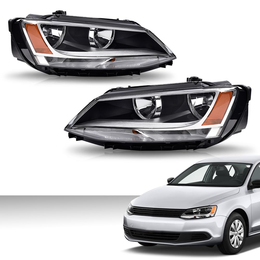 G-PLUS Headlights Headlamps w/Bulbs Left + Right Compatible with Volkswagen Jetta 2011-2018 5C7941005, 5C7941006,Clear Lens Chrome Housing Amber Reflector