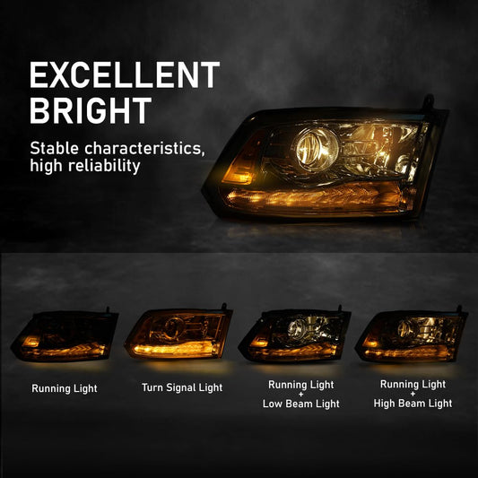 G-PLUS LED Projector Headlights,Compatible with 2009-2012 Dodge Ram 1500 2500 3500,Front Headlamps Assembly &Conversion Harness,Clear Lens Chrome Housing Amber Reflector,faros delanteros