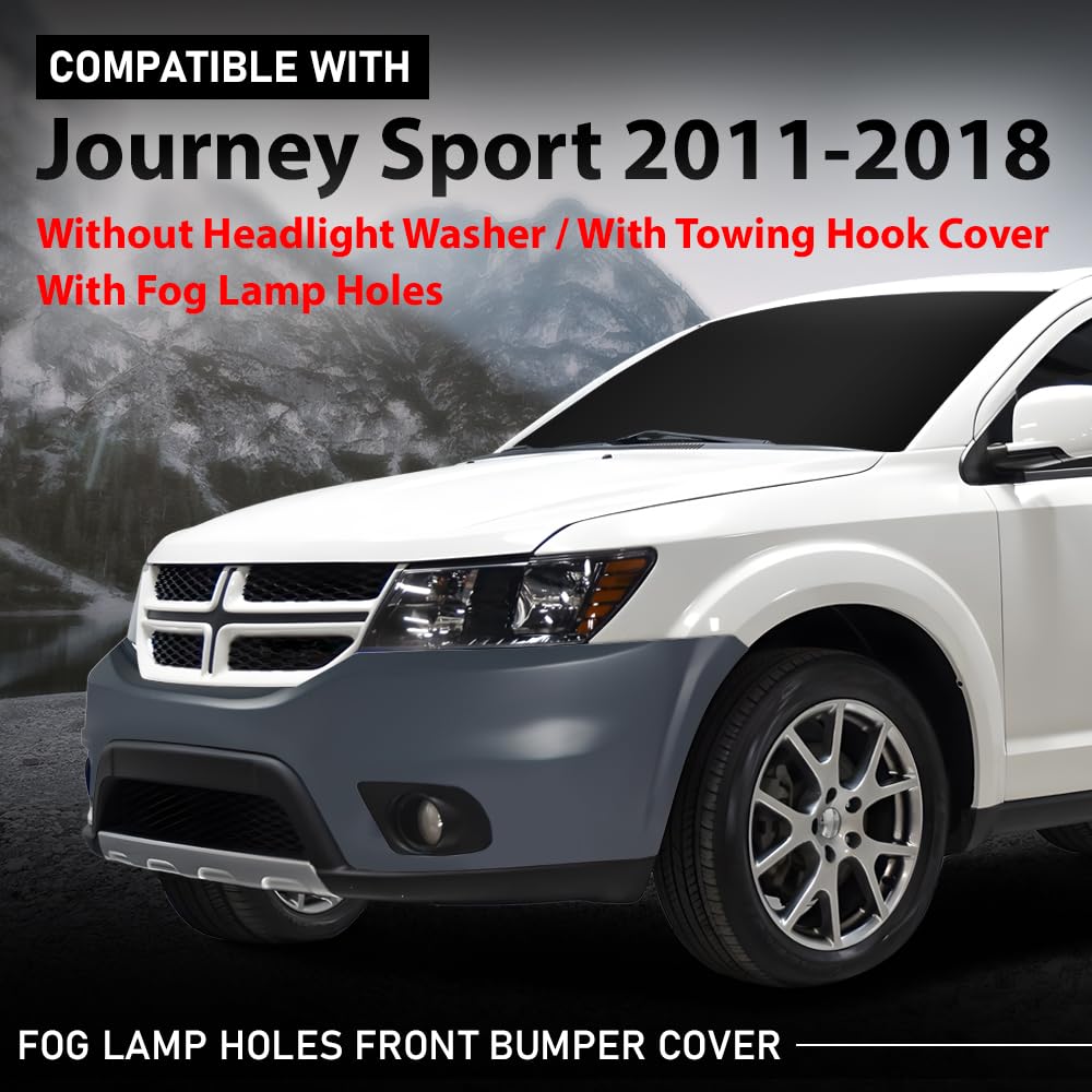 G-PLUS Front Bumper Cover Compatible with Dodge Journey Sport 2011-2018, w/o Headlight Washer, with Towing Hook Cover & Fog Lamp Holes, 5YB55TZZAB, Primed Black