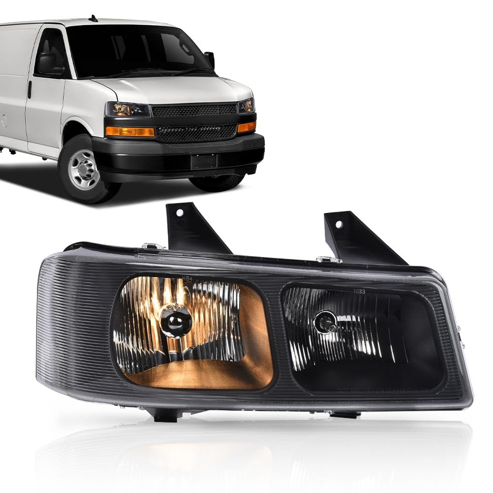 G-PLUS Headlight w/Bulbs Fit Chevy Express/GMC Savana 1500 2003-2014,Fit Chevy Express/GMC Savana 2500 3500 2003-2023 Clear Lens Black Housing Right Bumper Headlamps,faros delanteros Assembly