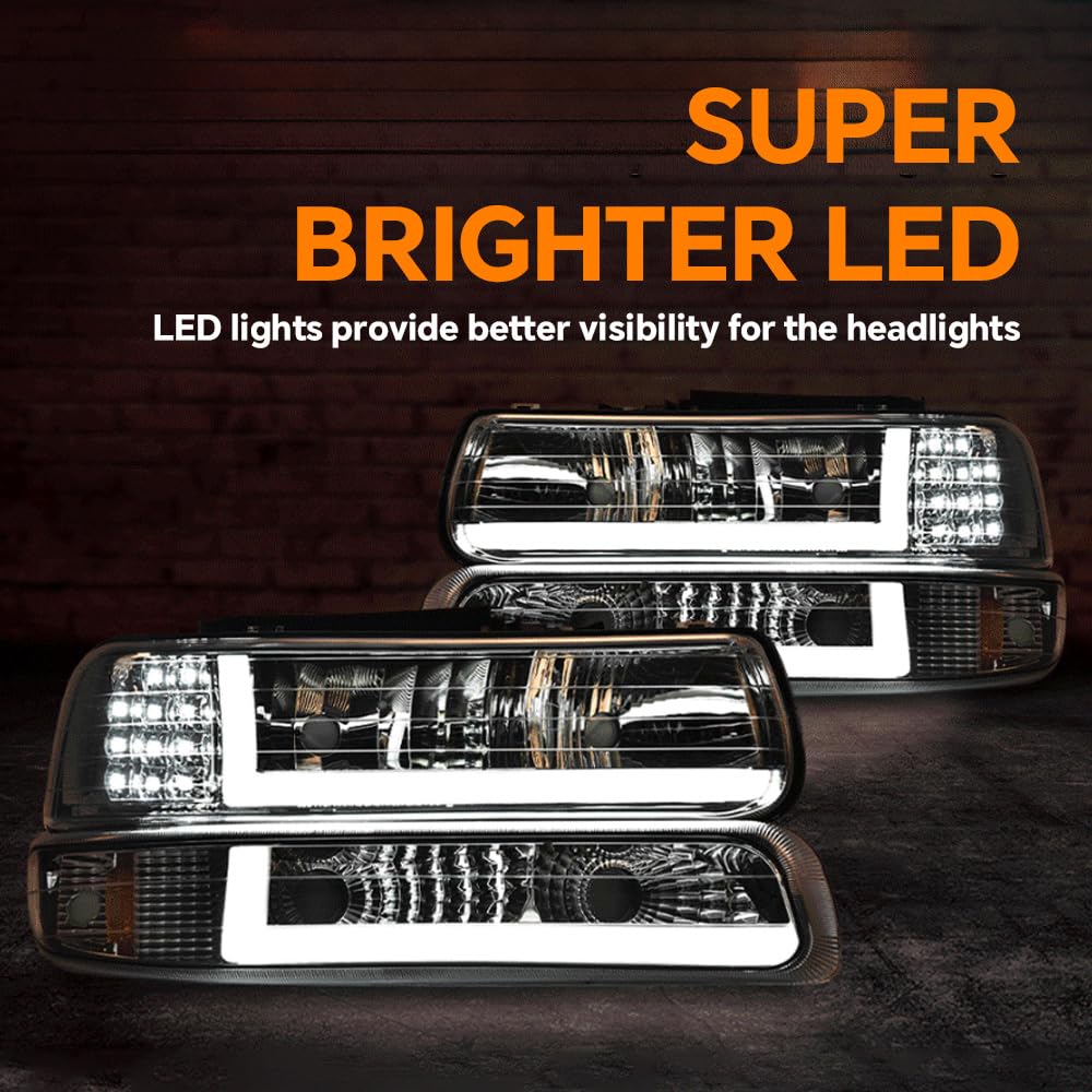 G-PLUS LED DRL Headlights Assembly Fit Chevy Silverado 1999-2002/Fit Tahoe Suburban 1500 2500 2000-2006 Clear Lens Chrome Housing Amber ReflectorBumper Headlamps,faros delanteros