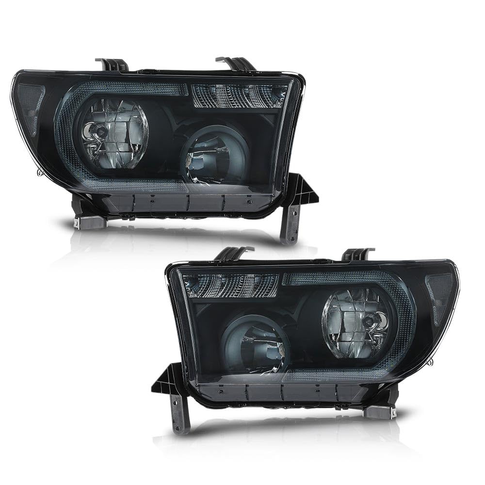 G-PLUS LED Headlights Halogen Headlamps Compatible with Toyota Tundra 2007-2013,Fit Toyota Sequoia 2008-2017 Smoky Lens Black Housing Clear Reflector,faros delanteros