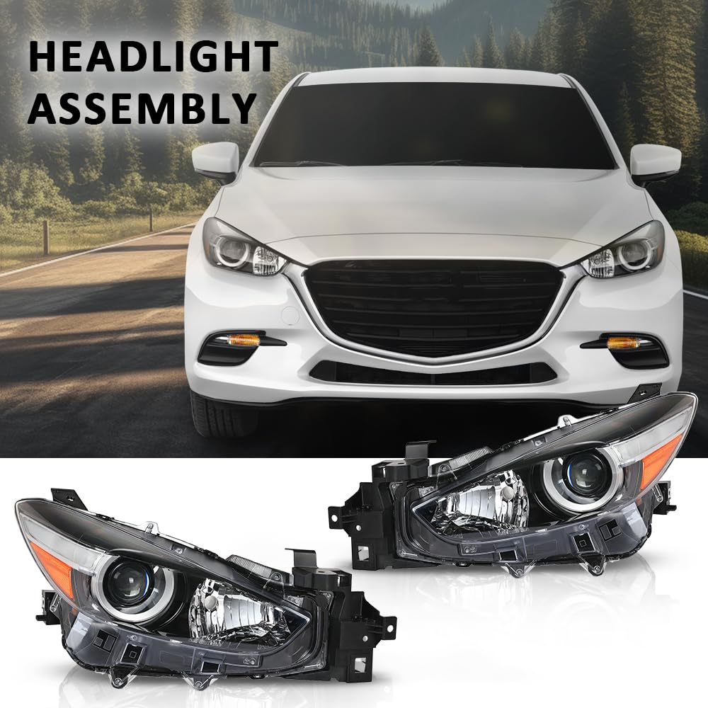 G-PLUS Projector Headlights Assembly Compatible with Mazda 3 2017-2018 4-Door Sedan & Hatchback,Bumper Headlamps,faros delanteros Clear Lens Black Housing Amber Reflector Left & Right