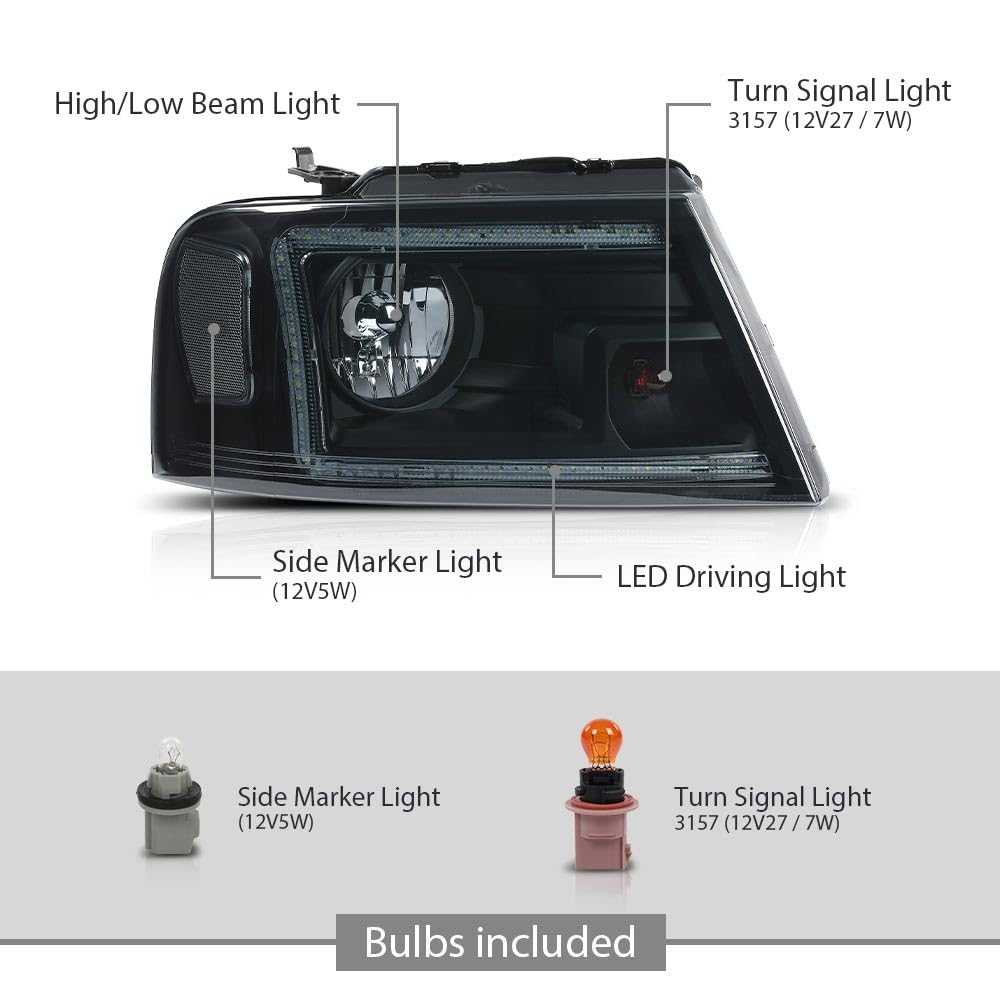 G-PLUS LED DRL Headlights Fit Ford F150 2004-2008,Fit Lincoln Mark LT 2006-2008(NOT Fit 2004 F150 Heritage/Flareside Beds),Smoky Lens Black Housing Clear ReflectorBumper Headlamps,faros delanteros