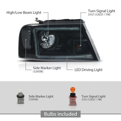 G-PLUS LED DRL Headlights Fit Ford F150 2004-2008,Fit Lincoln Mark LT 2006-2008(NOT Fit 2004 F150 Heritage/Flareside Beds),Smoky Lens Black Housing Clear ReflectorBumper Headlamps,faros delanteros