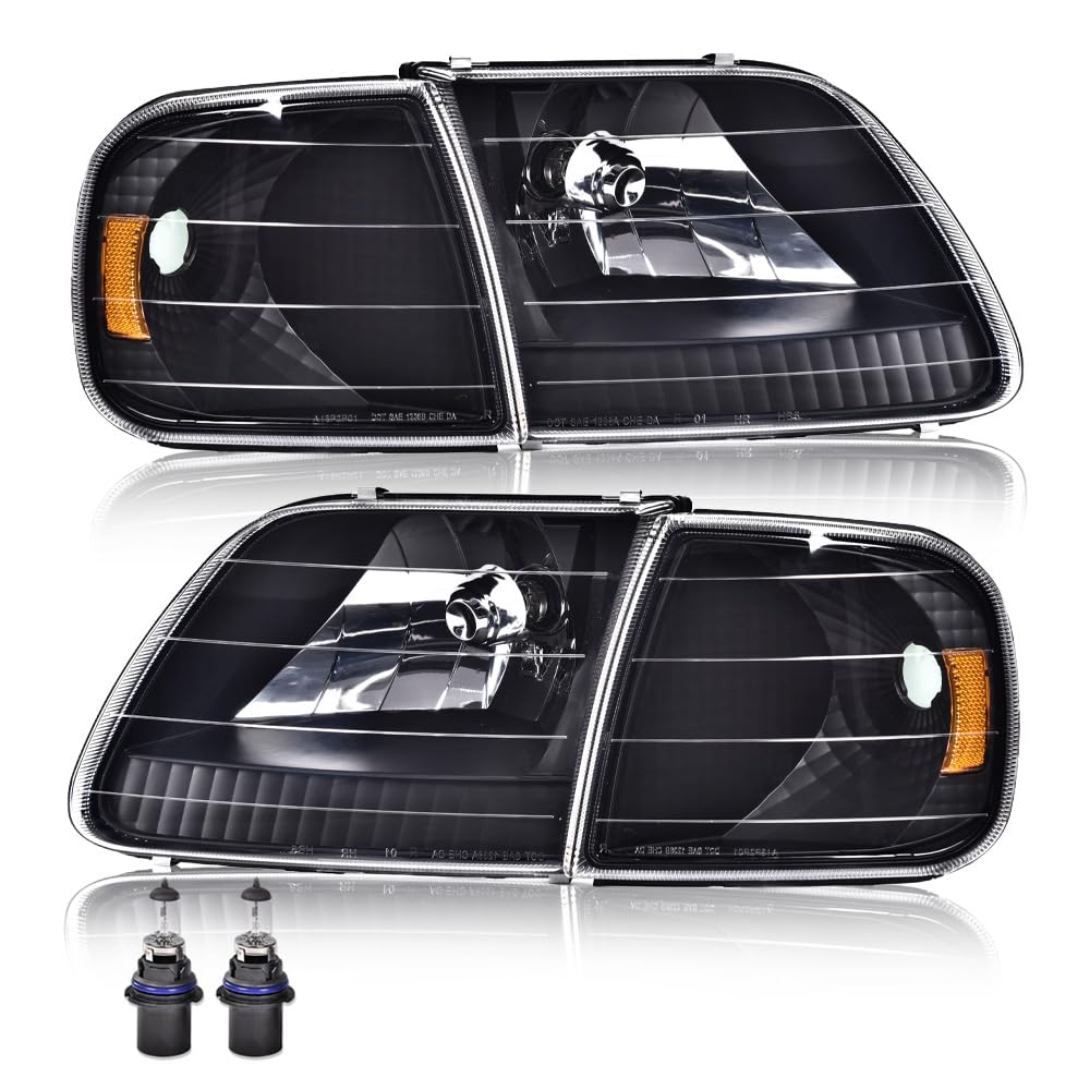 G-PLUS Headlights Assembly with Bulbs, Compatible with Ford Expedition 1997-2002/Fit Ford F150 1998-2003/Fit F250 1997-1999 Bumper Headlamp, Clear lens Black Housing Amber Reflector