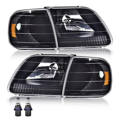 G-PLUS Headlights Assembly with Bulbs, Compatible with Ford Expedition 1997-2002/Fit Ford F150 1998-2003/Fit F250 1997-1999 Bumper Headlamp, Clear lens Black Housing Amber Reflector