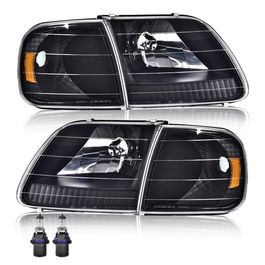 G-PLUS Headlights Assembly with Bulbs, Compatible with Ford Expedition 1997-2002/Fit Ford F150 1998-2003/Fit F250 1997-1999 Bumper Headlamp, Clear lens Black Housing Amber Reflector