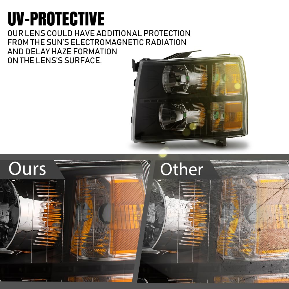 G-PLUS LED DRL Headlights, Fit Chevy Silverado 2007-2013/Fit Chevy Silverado 2500 HD 3500 HD 2007-2014,NOT Fit 07 Old Body Classic Headlamps, Clear Lens Black Housing Amber Reflector,faros delanteros