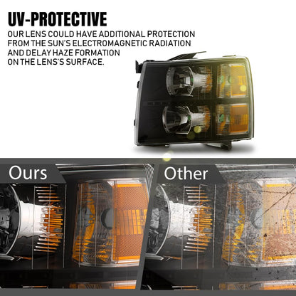 G-PLUS LED DRL Headlights, Fit Chevy Silverado 2007-2013/Fit Chevy Silverado 2500 HD 3500 HD 2007-2014,NOT Fit 07 Old Body Classic Headlamps, Clear Lens Black Housing Amber Reflector,faros delanteros