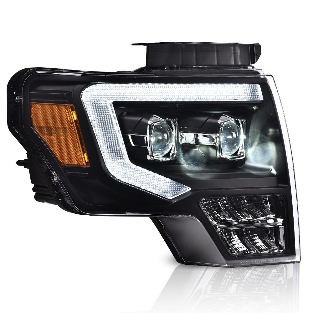 G-PLUS LED DRL Headlights & Tail Lights Compatible with 2009-2014 Ford F150 Tube Dual Projector Headlamps Assembly (Clear Lens Black Housing Amber Reflector Headlamps + Tail Lights)