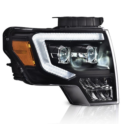 G-PLUS LED DRL Headlights & Tail Lights Compatible with 2009-2014 Ford F150 Tube Dual Projector Headlamps Assembly (Clear Lens Black Housing Amber Reflector Headlamps + Tail Lights)