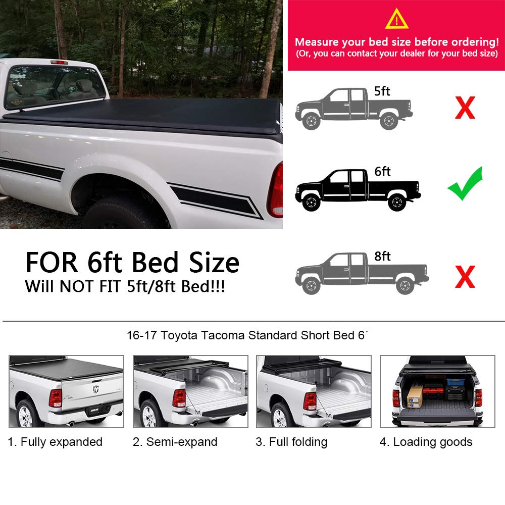Soft Top T3 Tri-Fold Truck Tonneau Cover Replacement for Toyota Tacoma 2016 2017 2018 2019 2020 2021 | Fleetside 6' Bed | for Models with the Bed Rail System