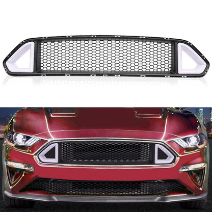 G-PLUS Front Hood Bumper Upper Grille Triangle LED DRL Strip Mesh Styling Compatible With Ford Mustang 2018-2020 (not fit Shelby GT500 models)