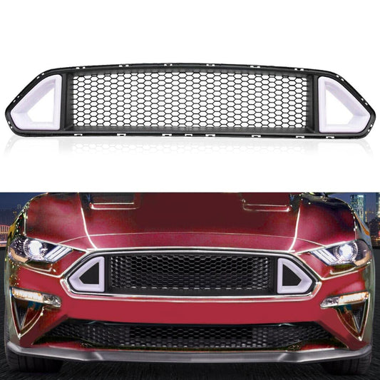 G-PLUS Front Hood Bumper Upper Grille Triangle LED DRL Strip Mesh Styling Compatible With Ford Mustang 2018-2020 (not fit Shelby GT500 models)