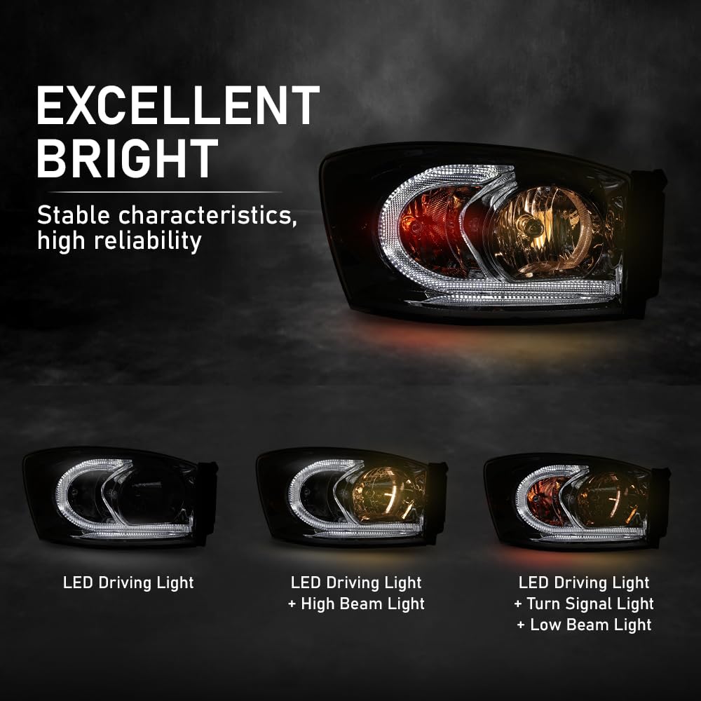 G-PLUS LED Headlights Assembly Front Headlamps Left Right Compatible with Dodge Ram 1500 2006-2008,Fit Dodge Ram 2500 3500 2006-2009 Clear Lens Chrome Housing Amber Reflector,faros delanteros