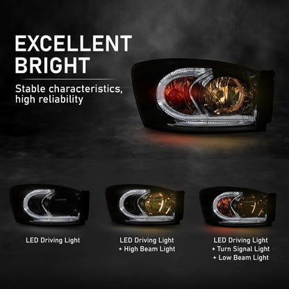 G-PLUS LED Headlights Assembly Front Headlamps Left Right Compatible with Dodge Ram 1500 2006-2008,Fit Dodge Ram 2500 3500 2006-2009 Clear Lens Chrome Housing Amber Reflector,faros delanteros