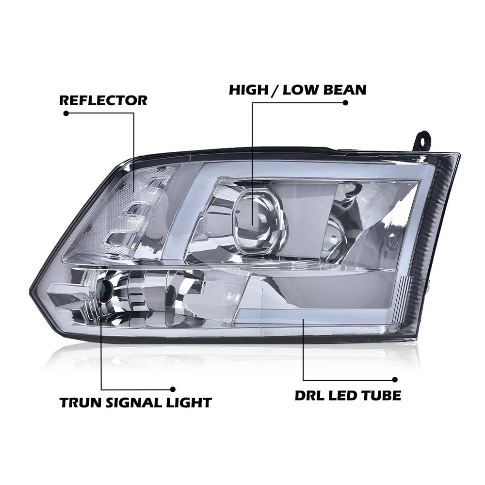 G-PLUS LED DRL Headlights Fit Dodge Ram 1500 2500 3500 2009-2012(New Body), Fit Factory Quad, Clear Lens Chrome Housing Amber Reflector Bumper Headlamps, faros Assembly